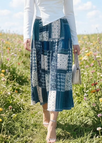 Women Colorblock Plaid Elastic Waist Cotton Skirt Summer