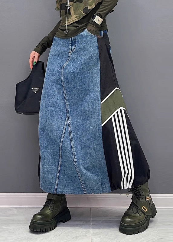 Women Colorblock Pockets Patchwork Drawstring Denim Skirt Summer