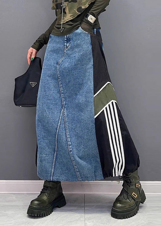 Women Colorblock Pockets Patchwork Drawstring Denim Skirt Summer