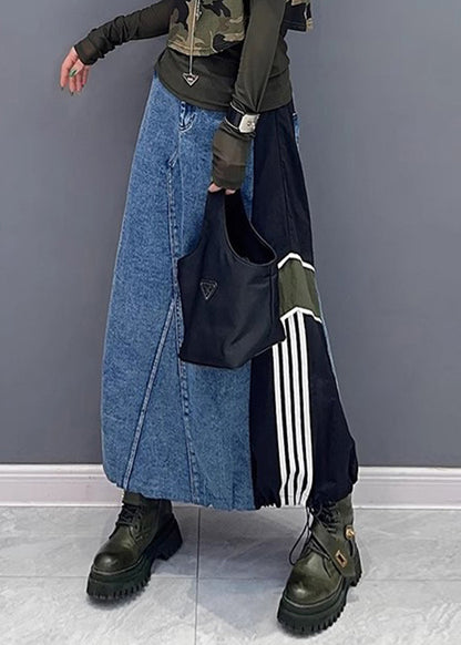 Women Colorblock Pockets Patchwork Drawstring Denim Skirt Summer