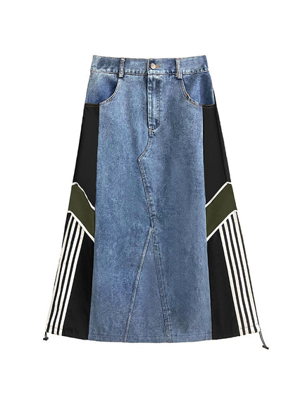 Women Colorblock Pockets Patchwork Drawstring Denim Skirt Summer