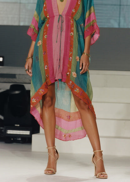 Women Colorblock Print Low High Design Cotton Dress Summer