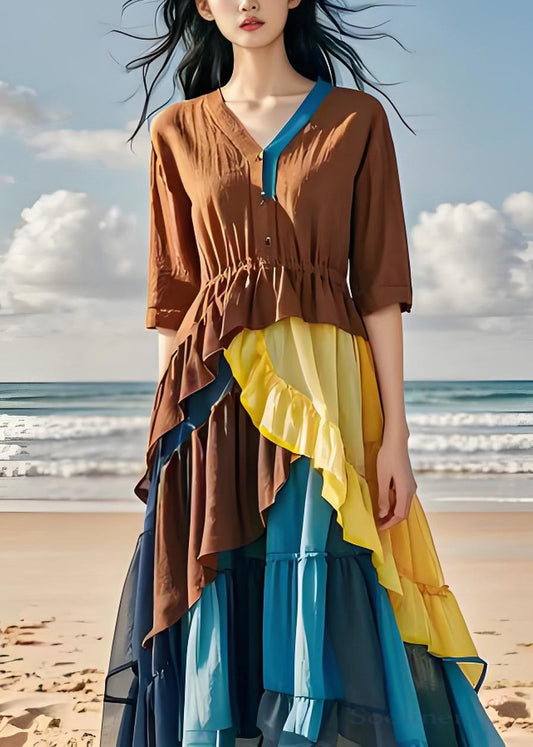 Women Colorblock Ruffled Chiffon Patchwork Cotton Dress Summer