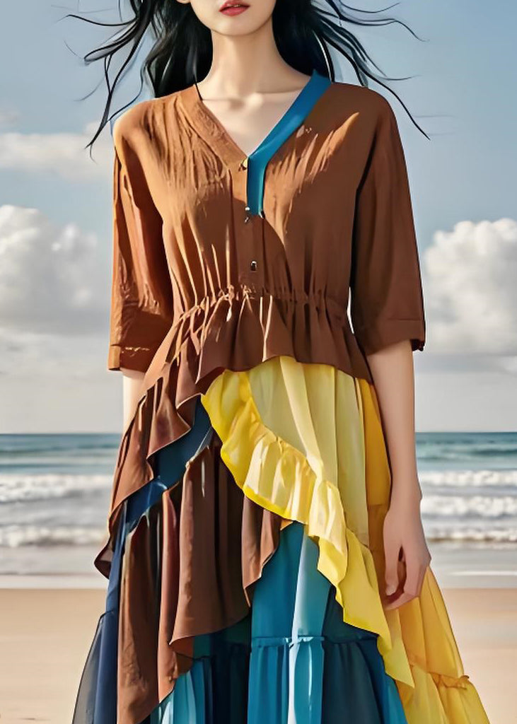 Women Colorblock Ruffled Chiffon Patchwork Cotton Dress Summer