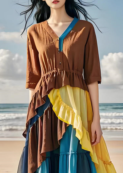 Women Colorblock Ruffled Chiffon Patchwork Cotton Dress Summer