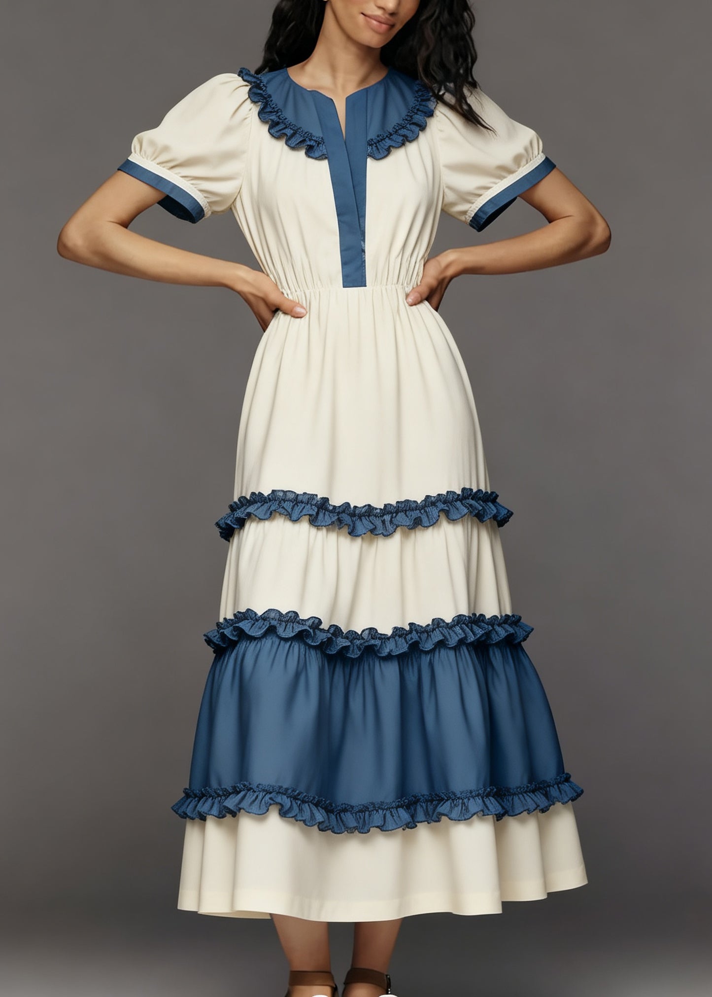 Women Colorblock Ruffled Patchwork Cotton Maxi Dress Summer