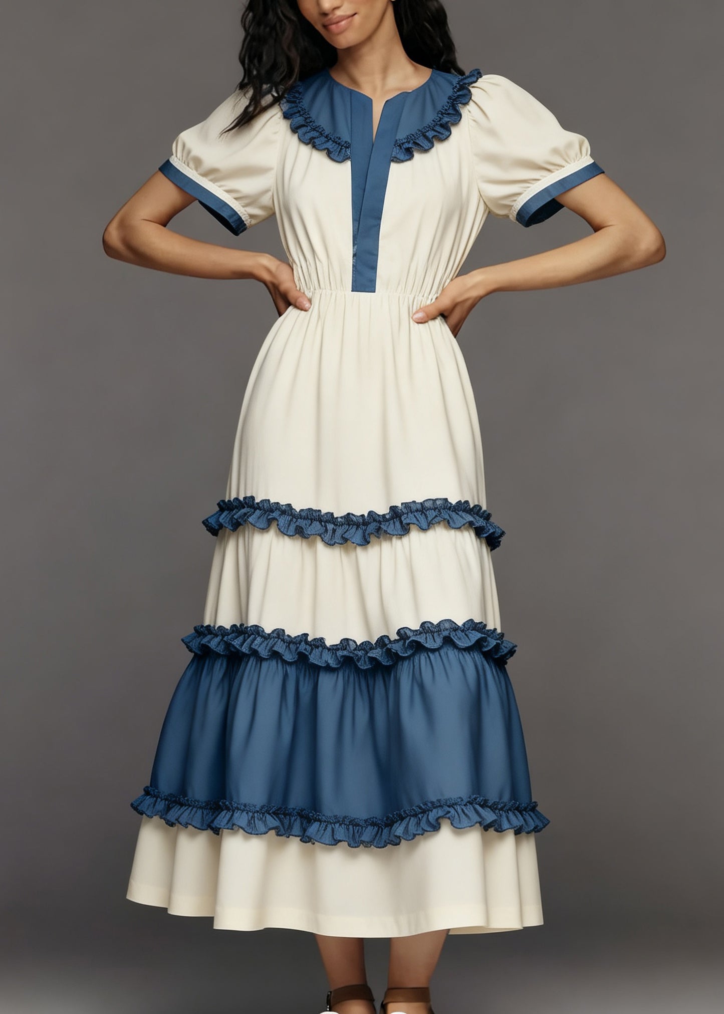 Women Colorblock Ruffled Patchwork Cotton Maxi Dress Summer