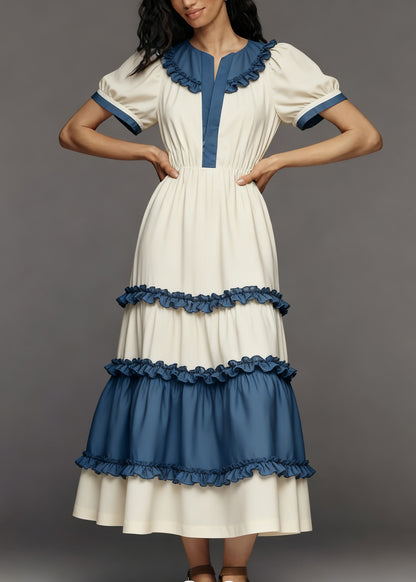 Women Colorblock Ruffled Patchwork Cotton Maxi Dress Summer