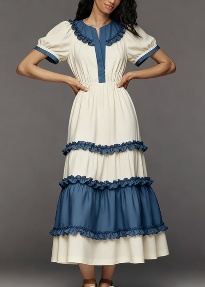 Women Colorblock Ruffled Patchwork Cotton Maxi Dress Summer