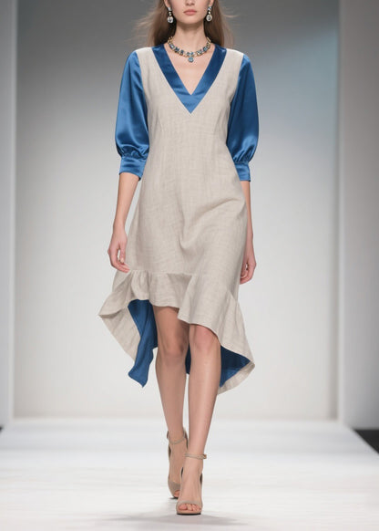 Women Colorblock Ruffled Patchwork Linen Silk Dress Summer