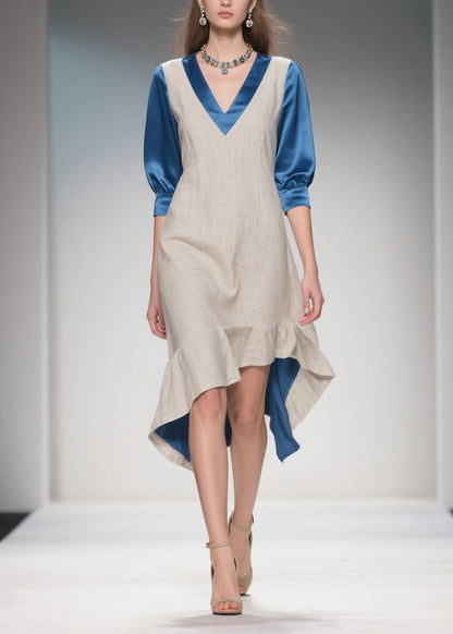 Women Colorblock Ruffled Patchwork Linen Silk Dress Summer