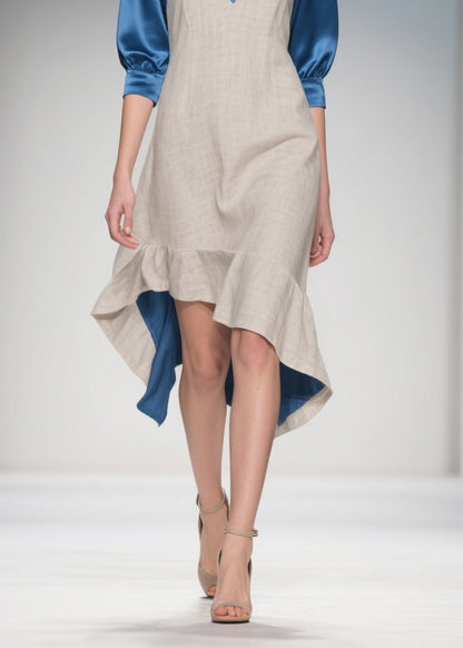 Women Colorblock Ruffled Patchwork Linen Silk Dress Summer
