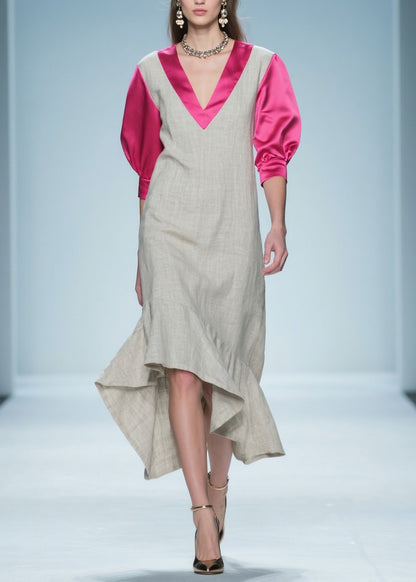 Women Colorblock Ruffled Patchwork Linen Silk Long Dress Summer