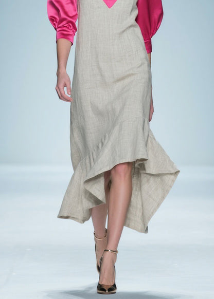 Women Colorblock Ruffled Patchwork Linen Silk Long Dress Summer