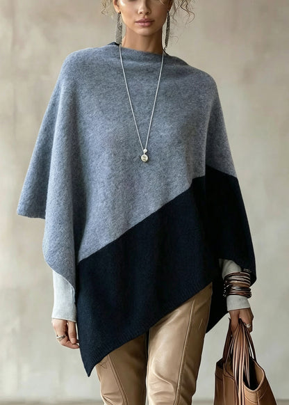 Women Colorblock Slash Neck Versatile Woolen Knit Cape Fall