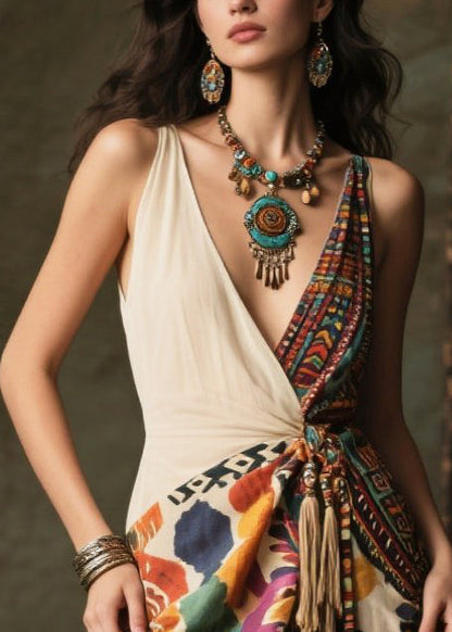 Women Colorblock Tasseled Print Chiffon Cami Dresses Summer