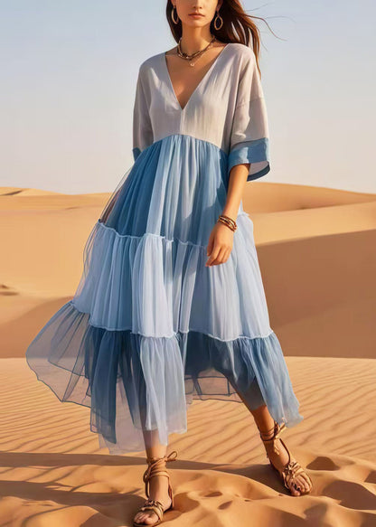 Women Colorblock V Neck Patchwork Cotton Dresses Summer
