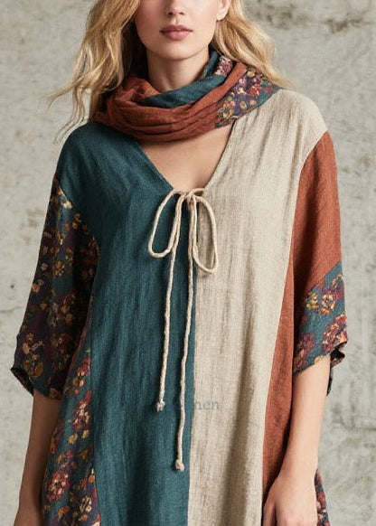 Women Colorblock V Neck Patchwork Cotton Long Dress Summer
