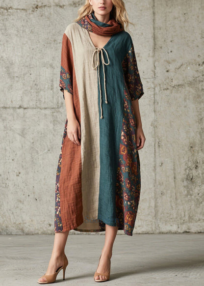 Women Colorblock V Neck Patchwork Cotton Long Dress Summer