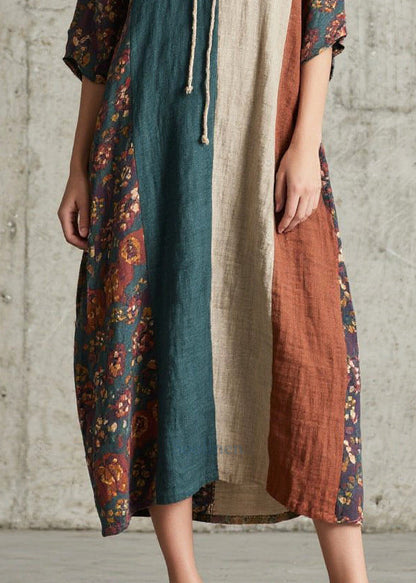 Women Colorblock V Neck Patchwork Cotton Long Dress Summer