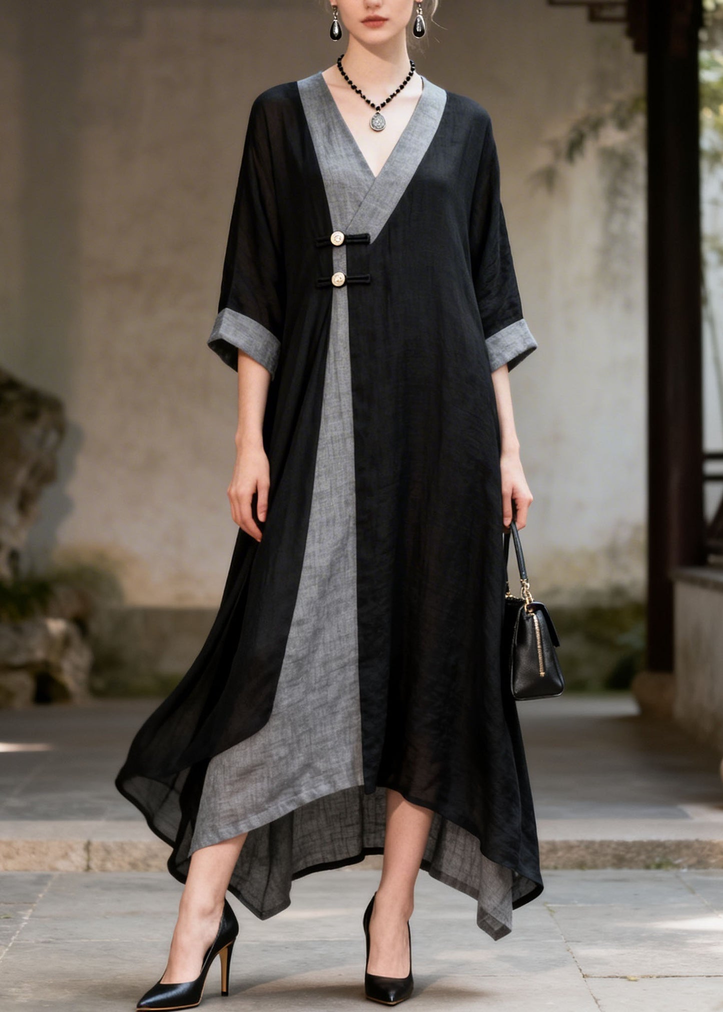 Women Colorblock V Neck Patchwork Cotton Long Dresses Summer