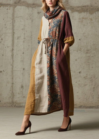 Women Colorblock V Neck Print Lace Up Cotton Dresses Fall