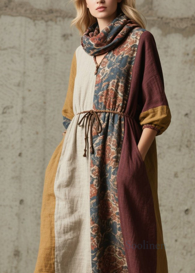 Women Colorblock V Neck Print Lace Up Cotton Dresses Fall