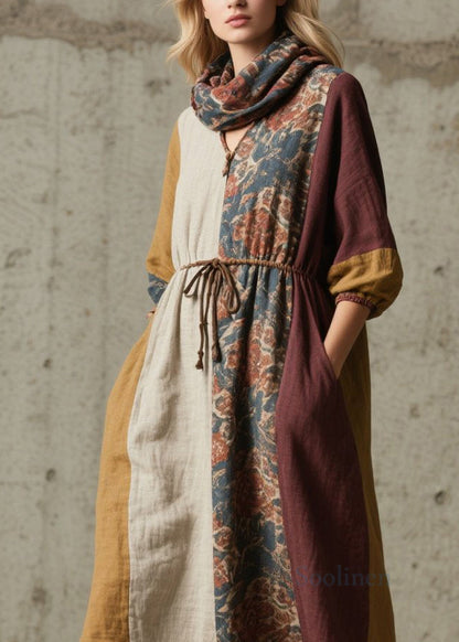 Women Colorblock V Neck Print Lace Up Cotton Dresses Fall