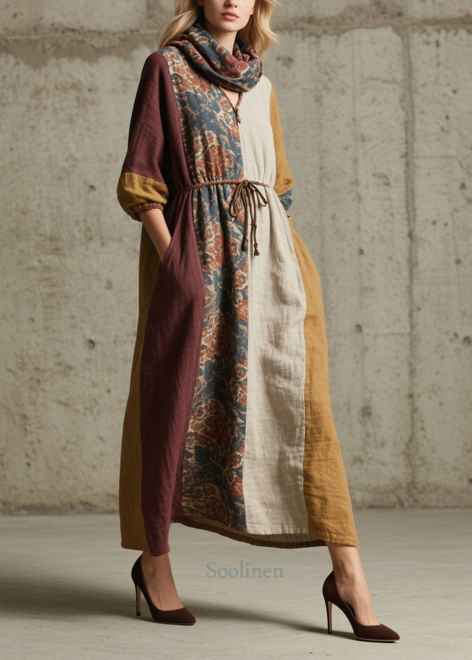 Women Colorblock V Neck Print Lace Up Cotton Dresses Fall