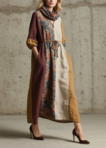 Women Colorblock V Neck Print Lace Up Cotton Dresses Fall