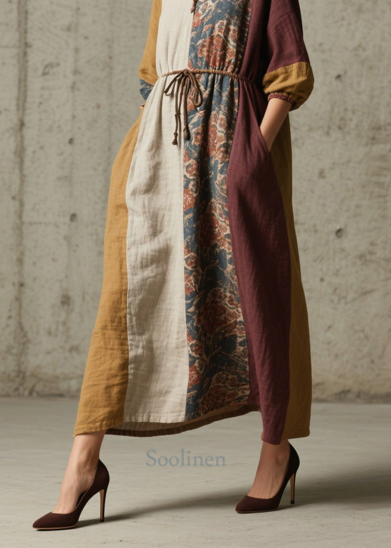 Women Colorblock V Neck Print Lace Up Cotton Dresses Fall