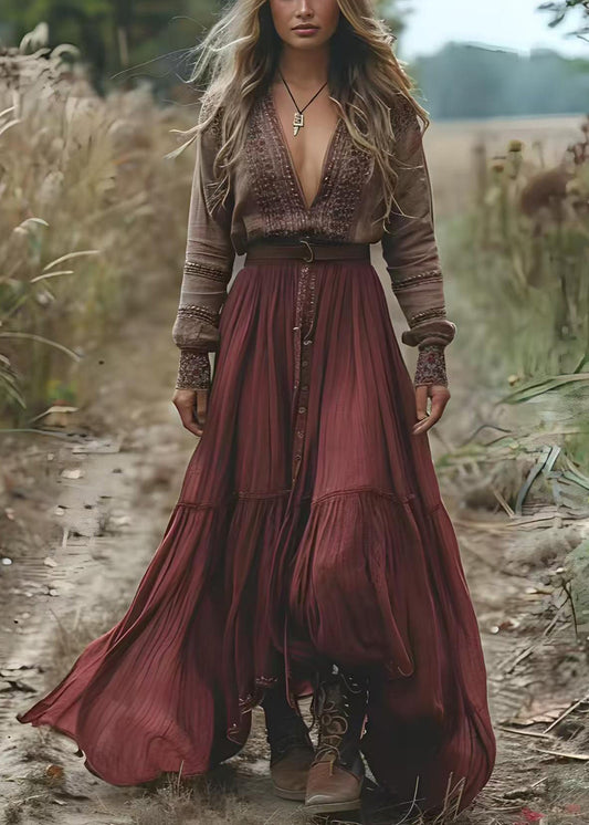 Women Colorblock V-Neck Print Patchwork Cotton Long Dress Spring