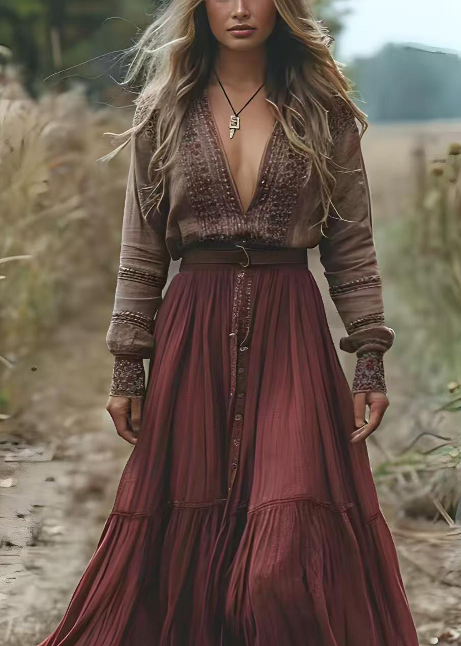 Women Colorblock V-Neck Print Patchwork Cotton Long Dress Spring