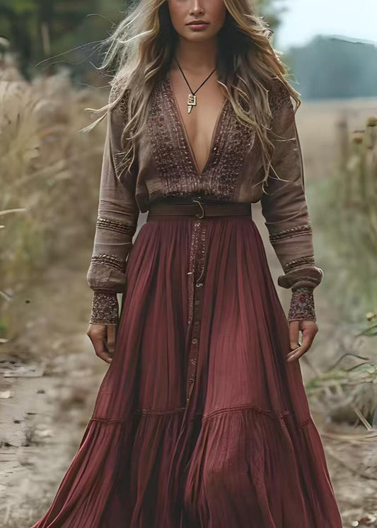 Women Colorblock V-Neck Print Patchwork Cotton Long Dress Spring