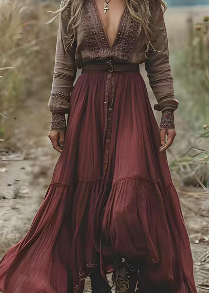 Women Colorblock V-Neck Print Patchwork Cotton Long Dress Spring