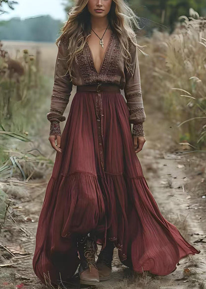 Women Colorblock V-Neck Print Patchwork Cotton Long Dress Spring