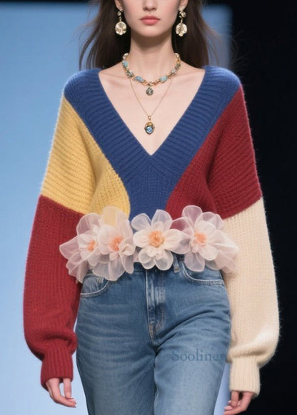 Women Colorblock V Neck Thick Knit Sweater Tops Fall