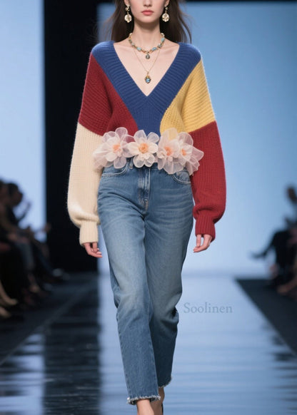 Women Colorblock V Neck Thick Knit Sweater Tops Fall