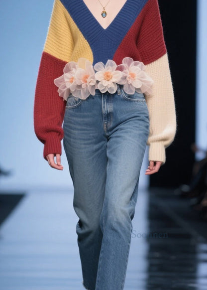 Women Colorblock V Neck Thick Knit Sweater Tops Fall