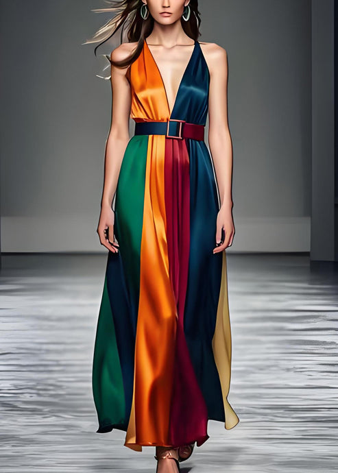Women Colorblock V Neck Tie Waist Silk Long Dress Sleeveless