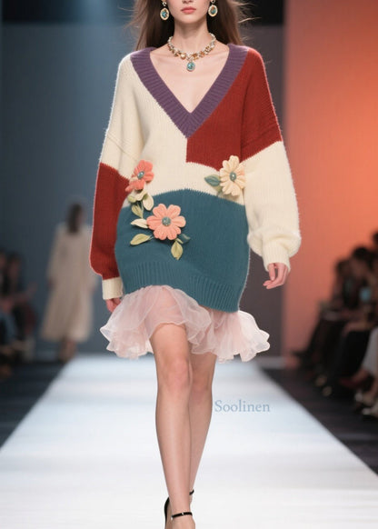 Women Colorblock V Neck Tulle Floral Knit Sweater Dress Fall