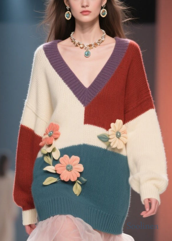 Women Colorblock V Neck Tulle Floral Knit Sweater Dress Fall