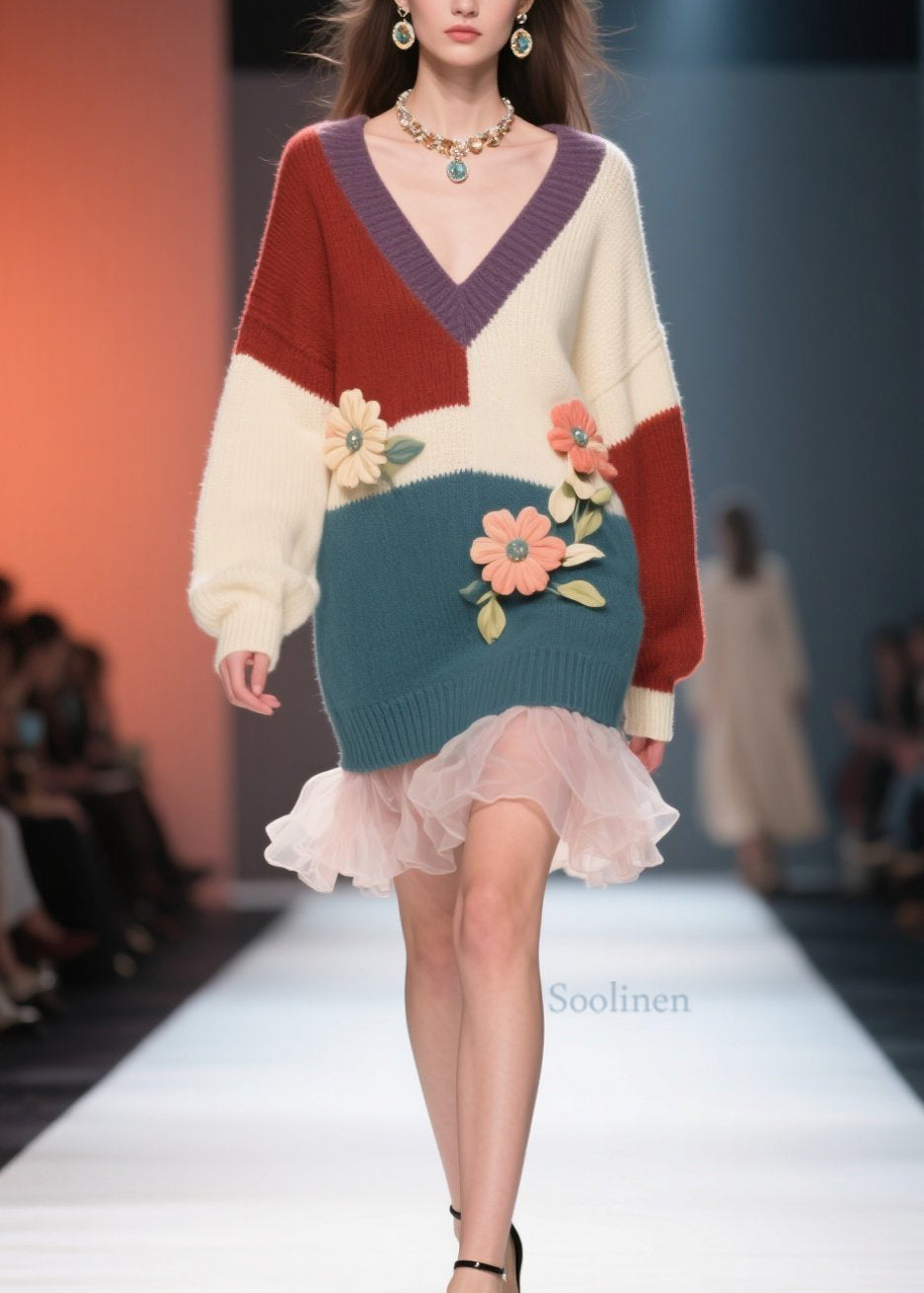 Women Colorblock V Neck Tulle Floral Knit Sweater Dress Fall
