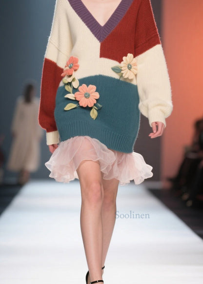 Women Colorblock V Neck Tulle Floral Knit Sweater Dress Fall