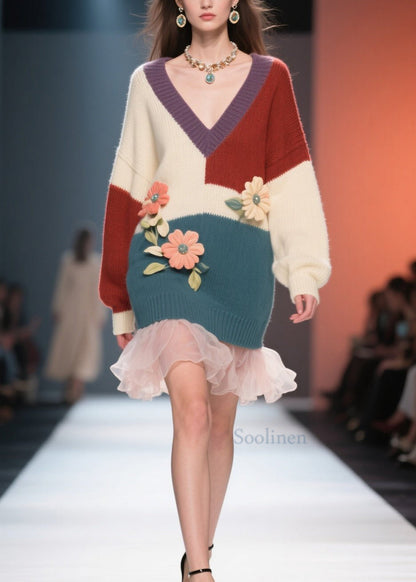 Women Colorblock V Neck Tulle Floral Knit Sweater Dress Fall