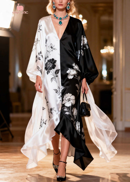 Women ColorblockC Asymmetrical Patchwork Print Silk Maxi Dresses Summer
