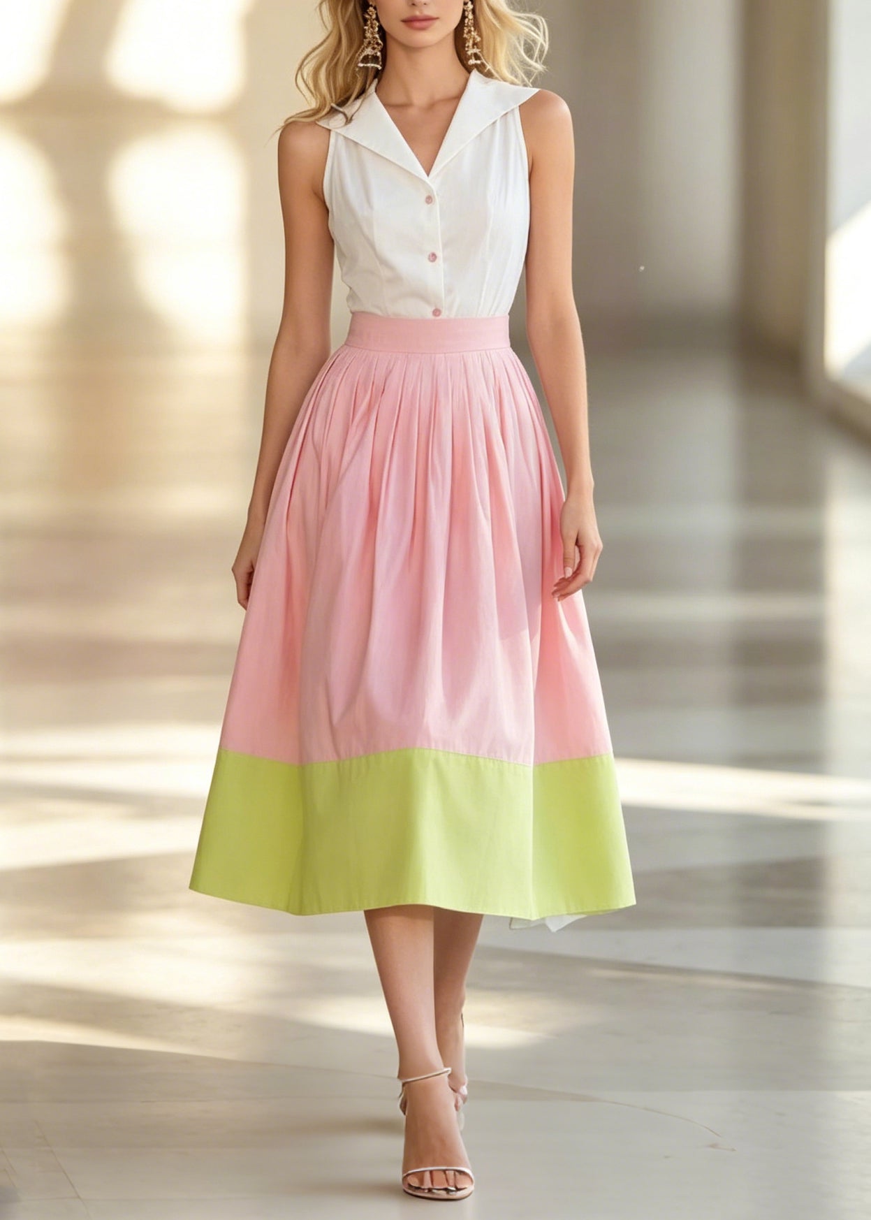 Women ColorblockC High Waist Patchwork Cotton Skirts Summer