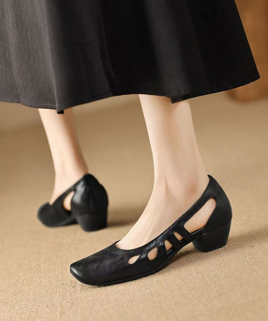 Women Comfy Black Hollow Out Chunky Heel Sheepskin