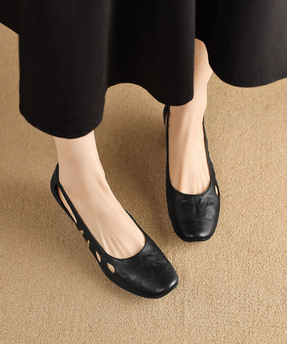 Women Comfy Black Hollow Out Chunky Heel Sheepskin