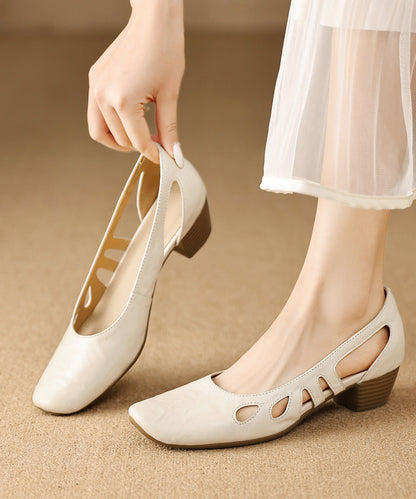 Women Comfy Black Hollow Out Chunky Heel Sheepskin